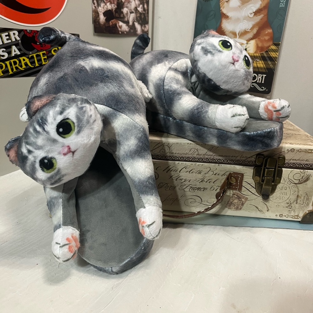 Plush Gray Tabby Cat Slippers